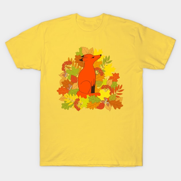 cute red fox into fall leaves T-Shirt by Alina